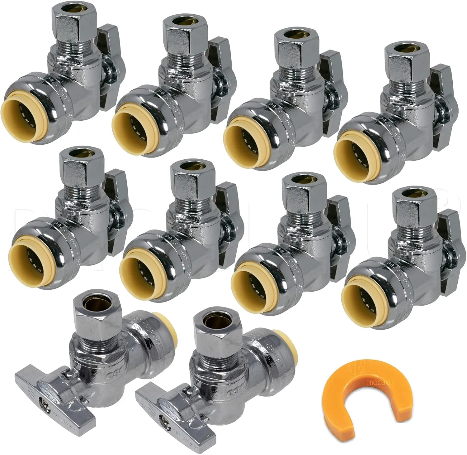 10-Pack PushFit Angle Stop Valve 1/2" Nom x 3/8" OD Comp, Quarter-Turn Push-to-Connect Brass Shutoff Valve for Copper, PEX, CPVC, PE-RT, HDPE Pipes (8X8012-11T)