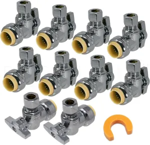 10-Pack PushFit Angle Stop Valve 1/2" Nom x 3/8" OD Comp, Quarter-Turn Push-to-Connect Brass Shutoff Valve for Copper, PEX, CPVC, PE-RT, HDPE Pipes (8X8012-11T)