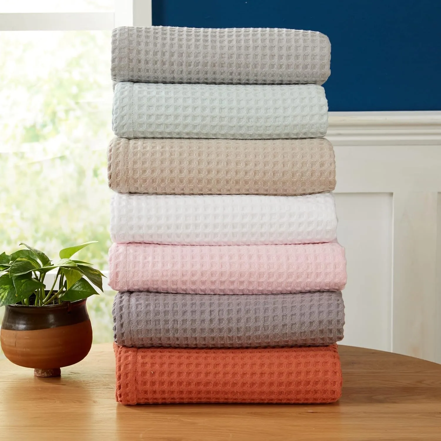 100% Cotton Waffle Weave Bed Blanket | Soft, Breathable, and Lightweight Blanket for All-Season | Perfect for Layering | Brielle Collection (Full/Queen, ICY Blue)