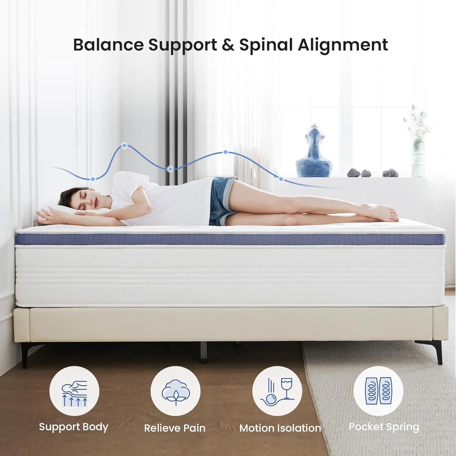 12 Inch Queen Size Mattress, Medium Plush Queen Hybrid Mattress with Gel Memory Foam for Better Sleep, Individually Pocketed Springs for Motion Isolation and Pressure Relief, 100-Night Trial