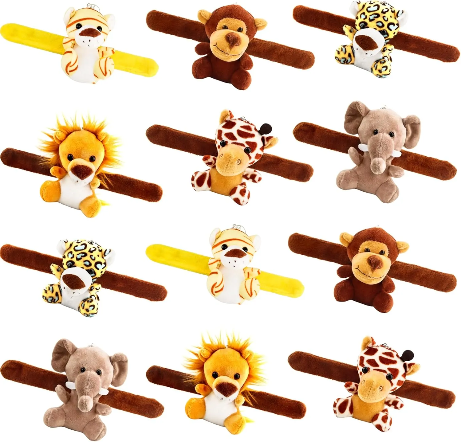 12 Pack Stuffed Animal Slap Bracelet Small Jungle Animal Plush Wrist Slap Band Toys 4 Inch Cute Plush Safari Animal Slap Bracelet for Birthday Animal Themed Party Favors, 6 Styles