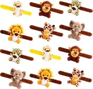12 Pack Stuffed Animal Slap Bracelet Small Jungle Animal Plush Wrist Slap Band Toys 4 Inch Cute Plush Safari Animal Slap Bracelet for Birthday Animal Themed Party Favors, 6 Styles