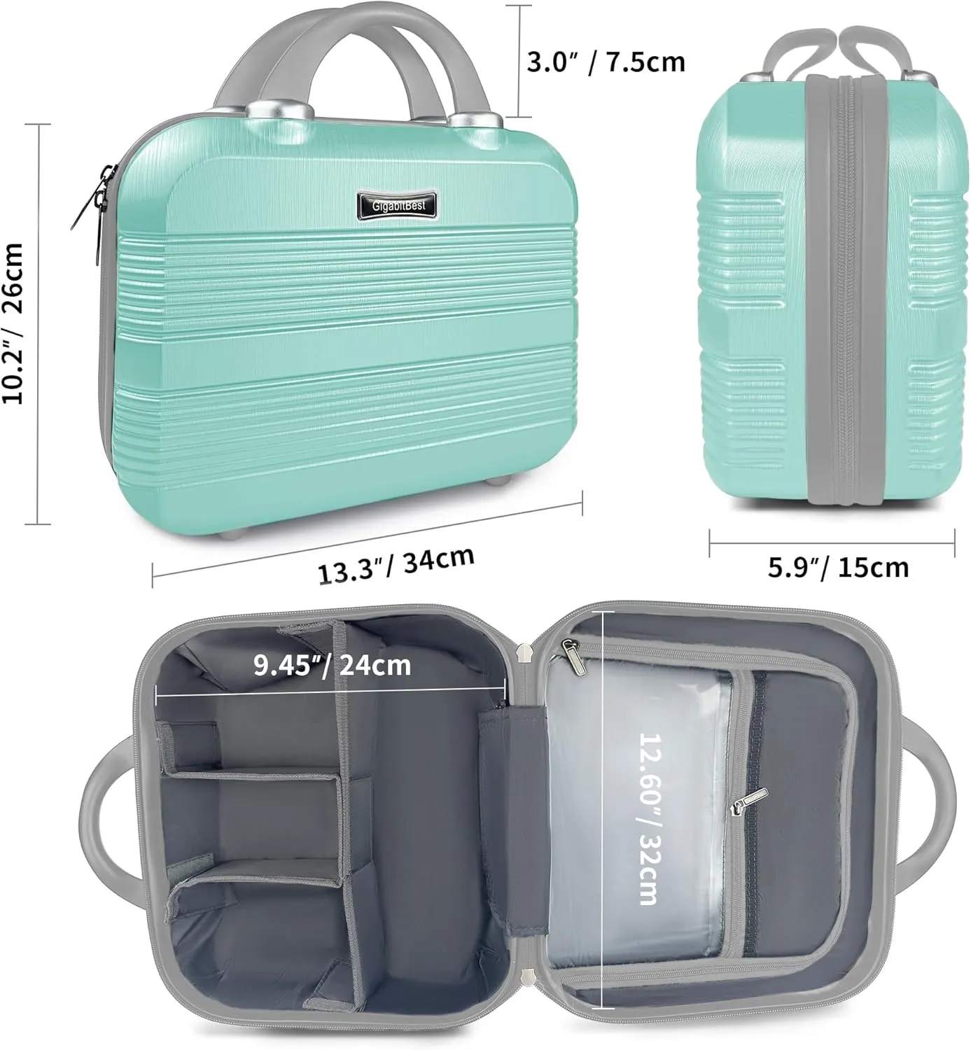 14" Portable Hard Shell Makeup Travel Case - Stylish PC ABS Cosmetic Organizer for Women - Scratch-Resistant, Elastic Strap, Mini Suitcase - Perfect for Romantic Gifts（Opal Green）