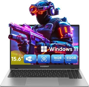 15.6 Inch Laptop, 16GB LPDDR5 RAM, 512GB NVMe SSD, Win 11 Pro, N100 Quad Core Processor, WiFi 6, BT 5.0, USB-C, Webcam, Long Lasting Battery