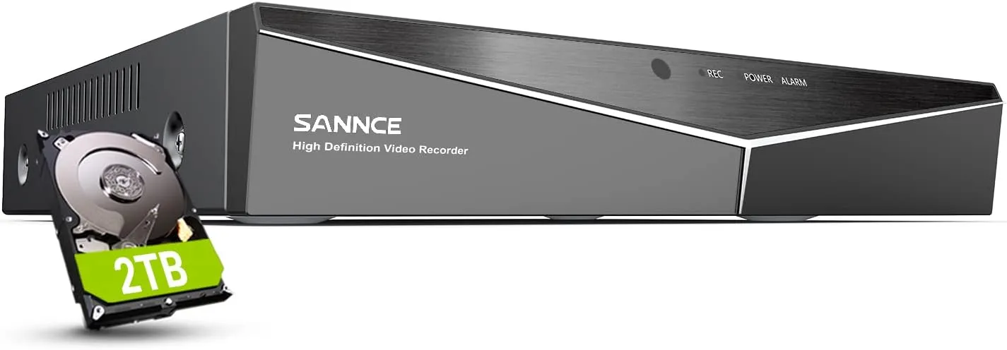 16 Channel Security CCTV DVR with 2TB Hard Drive, SANNCE 1080P 5-in-1 Hybrid Video Recorder for 2MP TVI AHD CVI CVBS Analog IP Security Cameras, Motion Alerts, Remote Access, 24/7 Recording