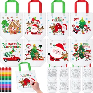 16Pcs Christmas Reusable Gift Bags with 8Pcs Crayons Bulk for DIY Coloring Your Own Non Woven Goodie Bags for Xmas Party Favors,Birthday Painting Crafts Gifts for Christmas Holiday Party Supplies