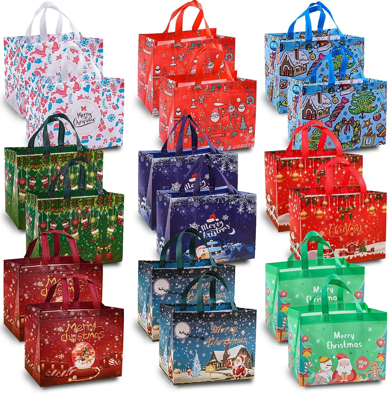 18Pack Christmas Gift Bags, Christmas Tote Bags with Handles, Medium Non-Woven Shopping Bags for Xmas Presents Wrapping Holiday Party Supplies.