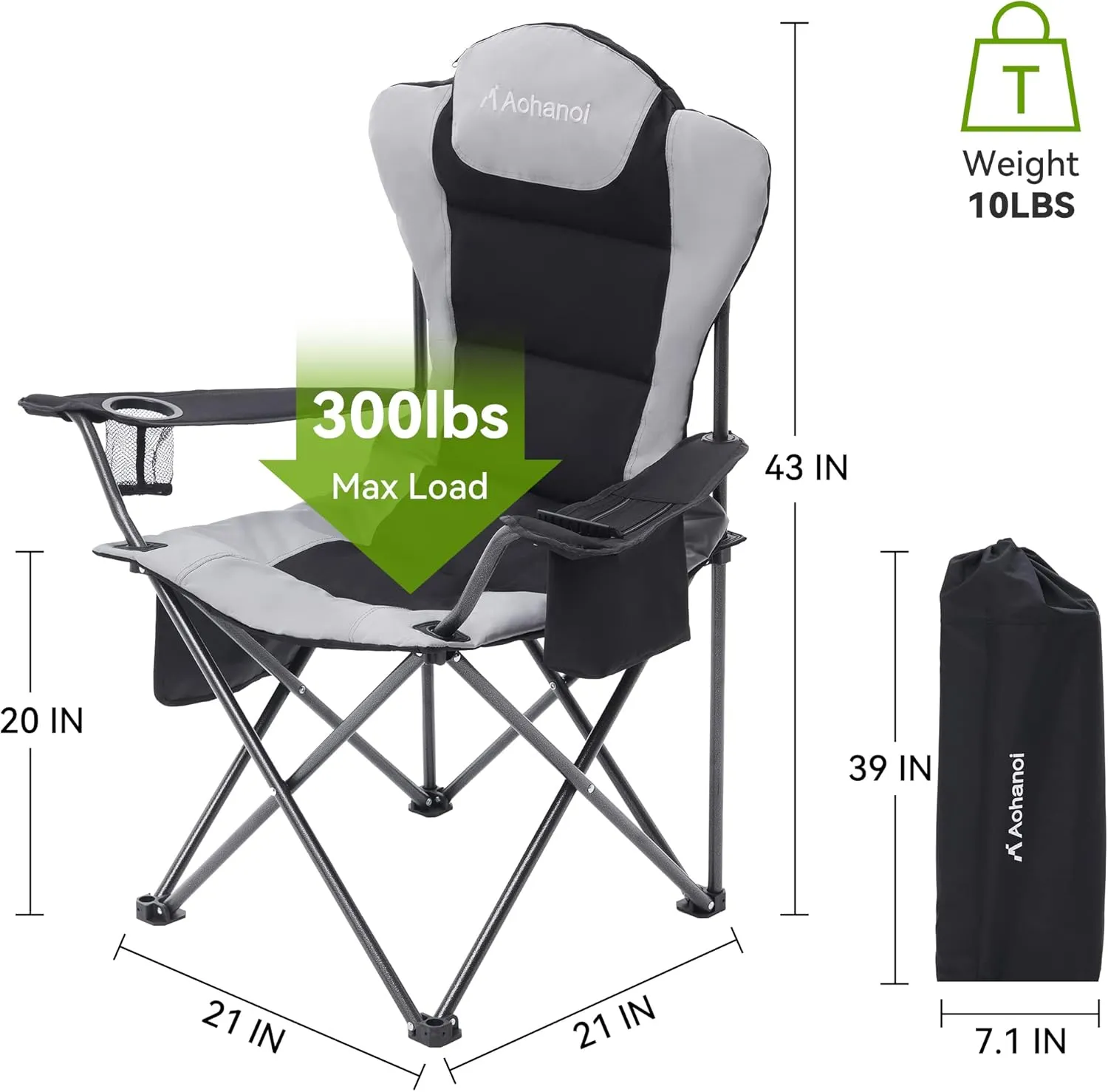2 Pack Camp Chairs for Heavy People, Outdoor Folding Camping Chairs with Cup Holder & Cooler Bag for Outside Supports up to 300lbs (2 Pcs, Black)