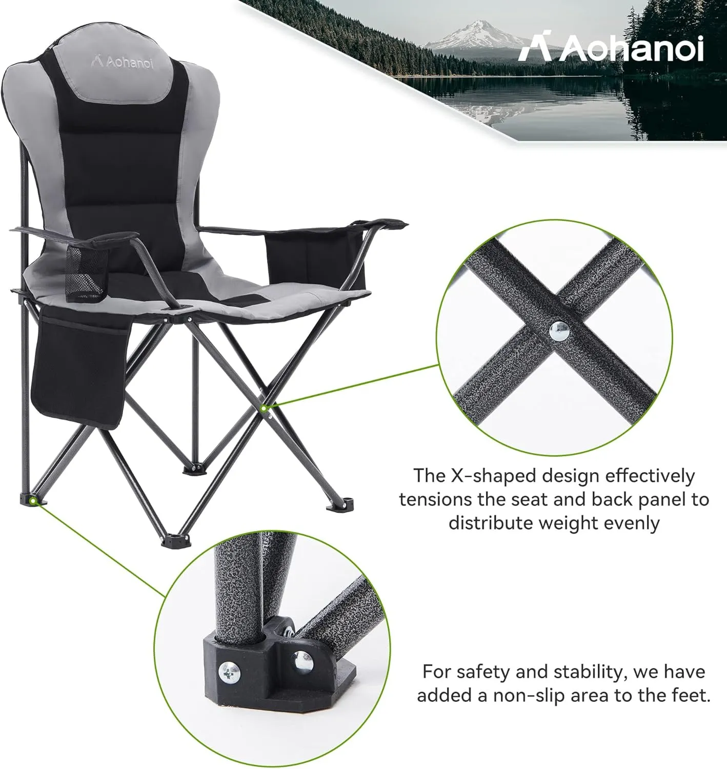 2 Pack Camp Chairs for Heavy People, Outdoor Folding Camping Chairs with Cup Holder & Cooler Bag for Outside Supports up to 300lbs (2 Pcs, Black)
