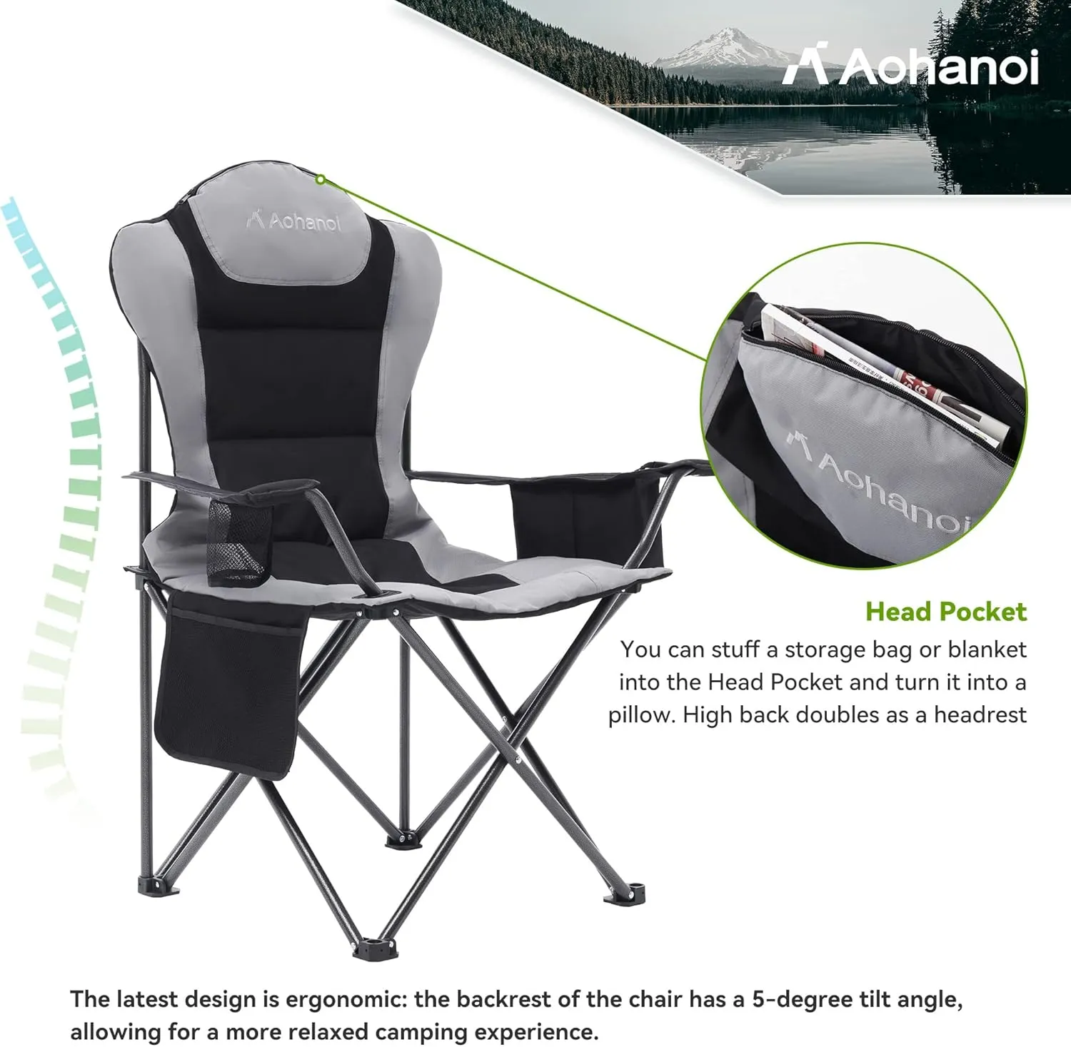 2 Pack Camp Chairs for Heavy People, Outdoor Folding Camping Chairs with Cup Holder & Cooler Bag for Outside Supports up to 300lbs (2 Pcs, Black)