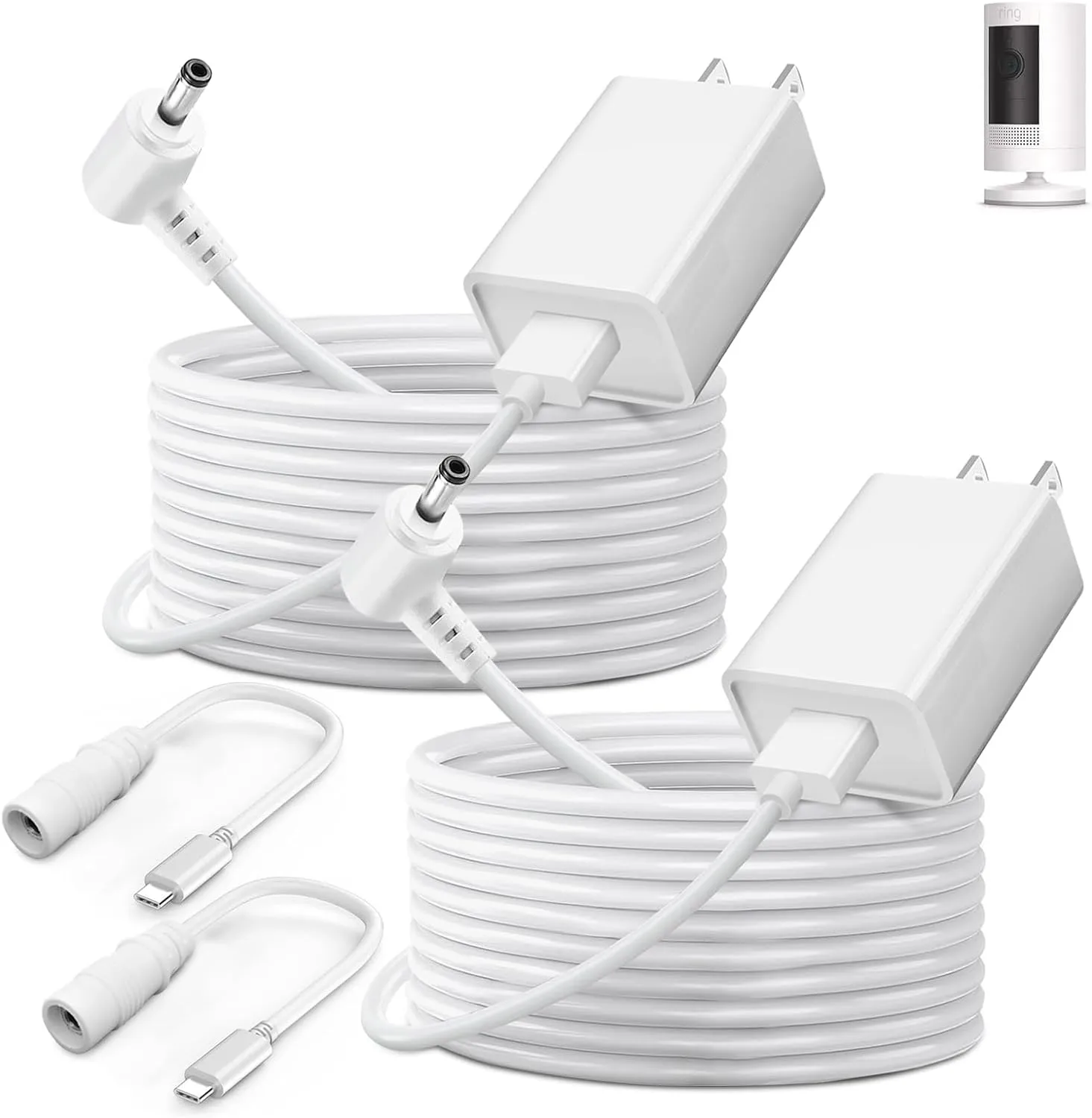 2-Pack Power Adapter Charger Cable Compatible with Ring Stick Up Cam Battery/Plug-in 3rd Gen/2nd Gen & Ring Pan Tilt Stick Up Camera, Indoor/Outdoor Weatherproof Power Cord (4m/13.1ft) White
