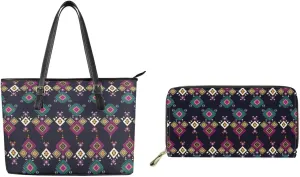 2 Pcs Women's Polynesian Print Handbags Sets PU Leather Large Capacity Tote Bags Lightweight Zippered Clutch Wallet