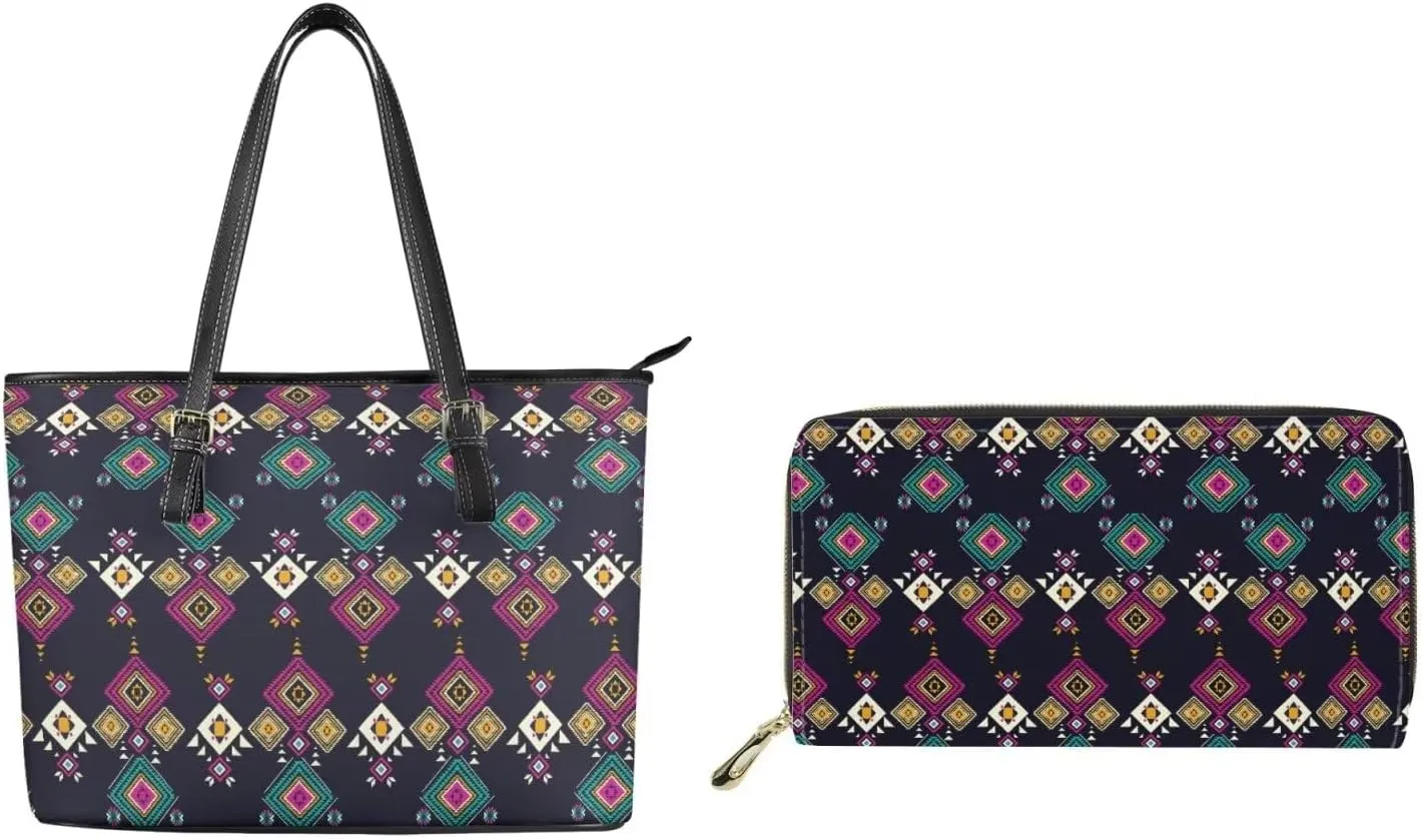 2 Pcs Women's Polynesian Print Handbags Sets PU Leather Large Capacity Tote Bags Lightweight Zippered Clutch Wallet