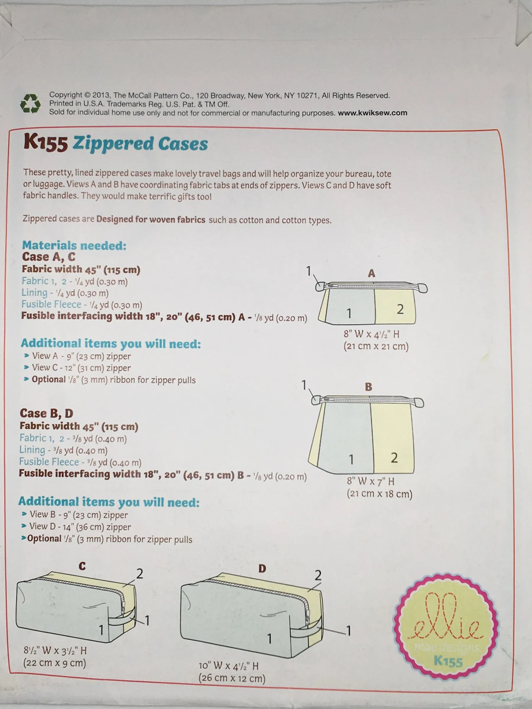 2013  Sewing Pattern: McCalls K155