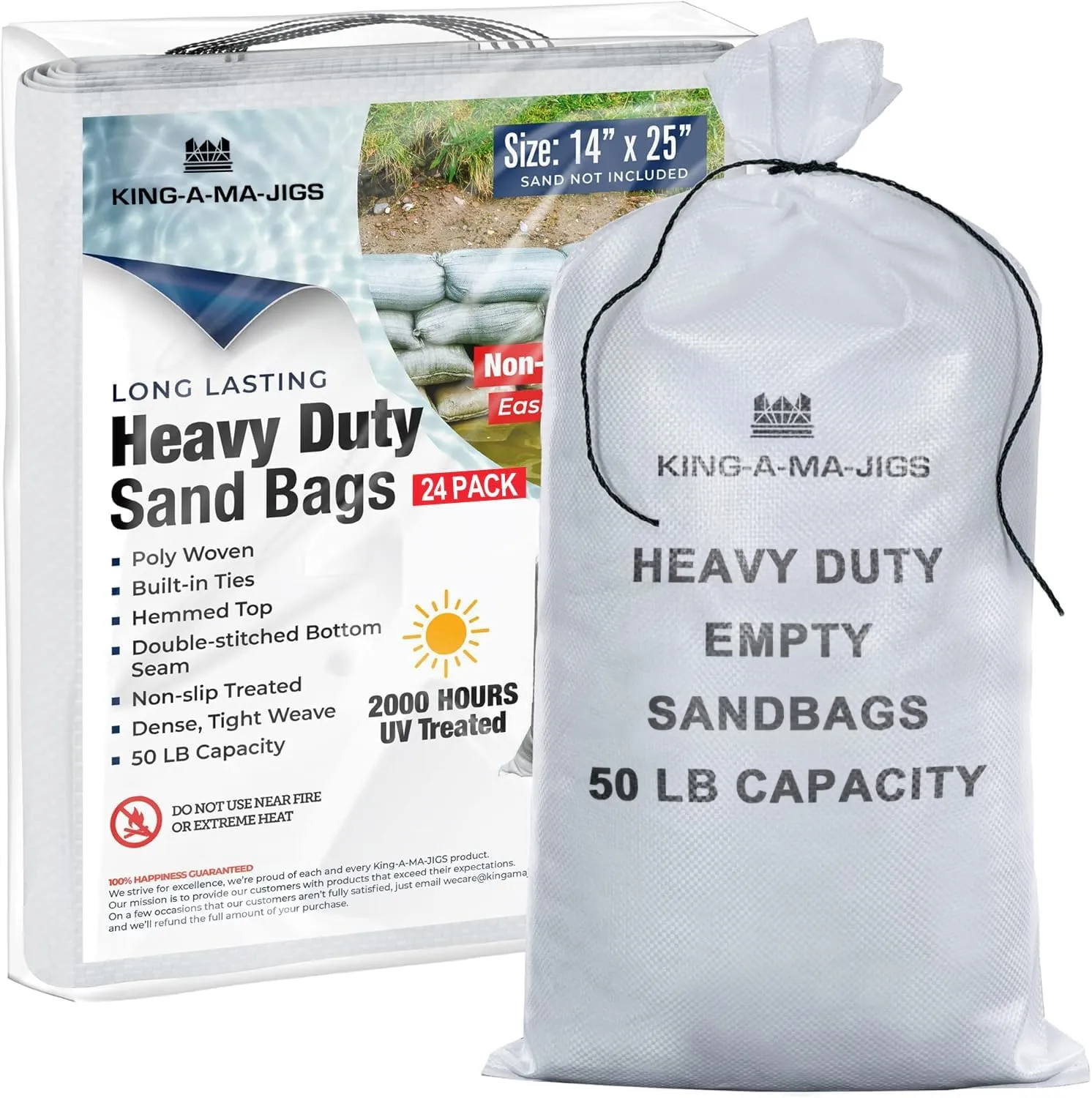 (24 Pack) Heavy Duty Sandbags for Flooding, Construction, Landscaping, Emergency Preparedness - Empty Sand Bags with Tie Strings - UV Treated - 50 lbs Capacity (24 Pack, 14" x 25")