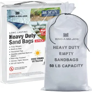 (24 Pack) Heavy Duty Sandbags for Flooding, Construction, Landscaping, Emergency Preparedness - Empty Sand Bags with Tie Strings - UV Treated - 50 lbs Capacity (24 Pack, 14" x 25")
