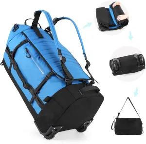 29" 86L Foldable Wheeled Duffle Bag, Waterproof Travel Rolling Backpack with Quilted Bottom, Blue