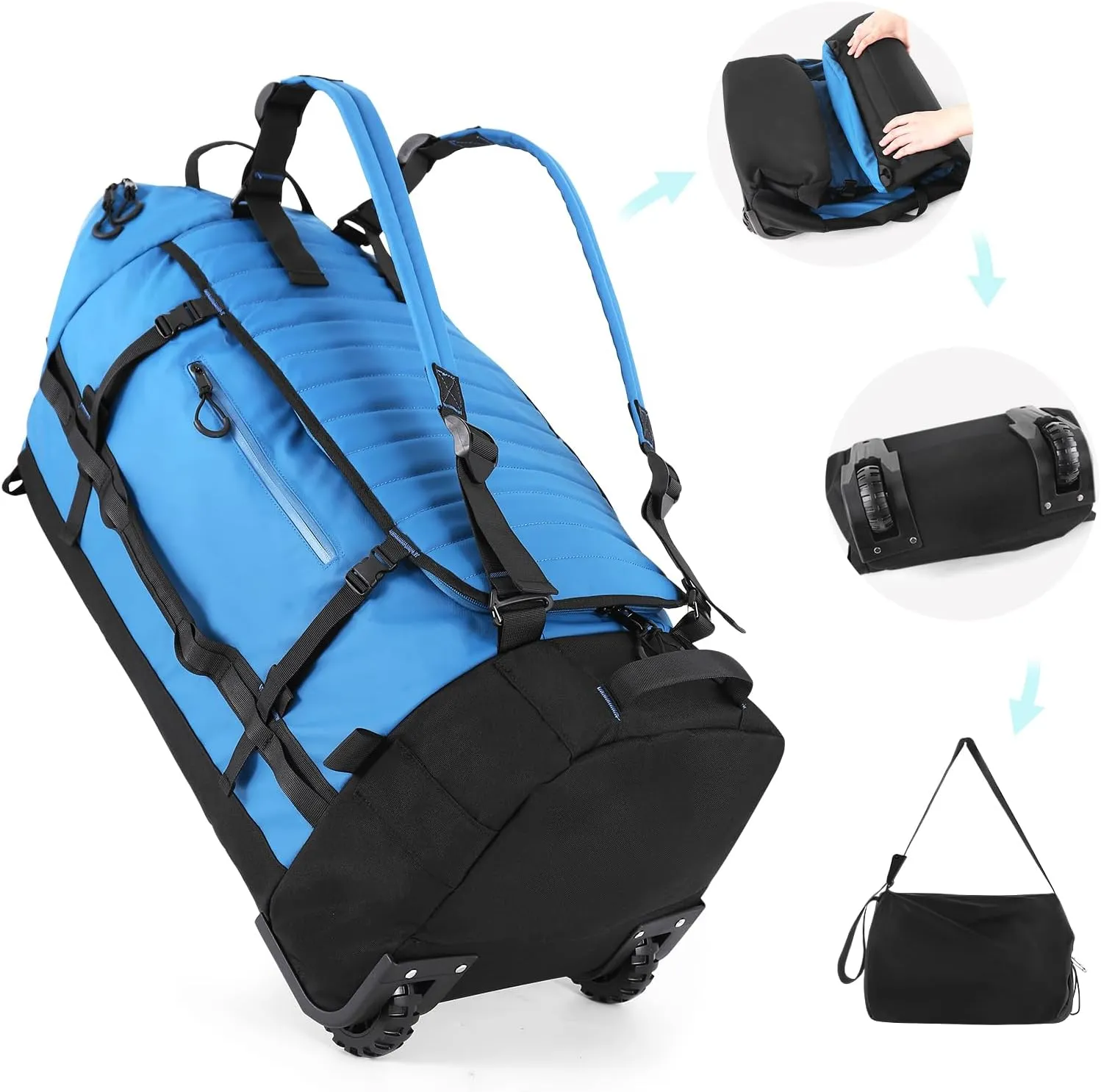 29" 86L Foldable Wheeled Duffle Bag, Waterproof Travel Rolling Backpack with Quilted Bottom, Blue
