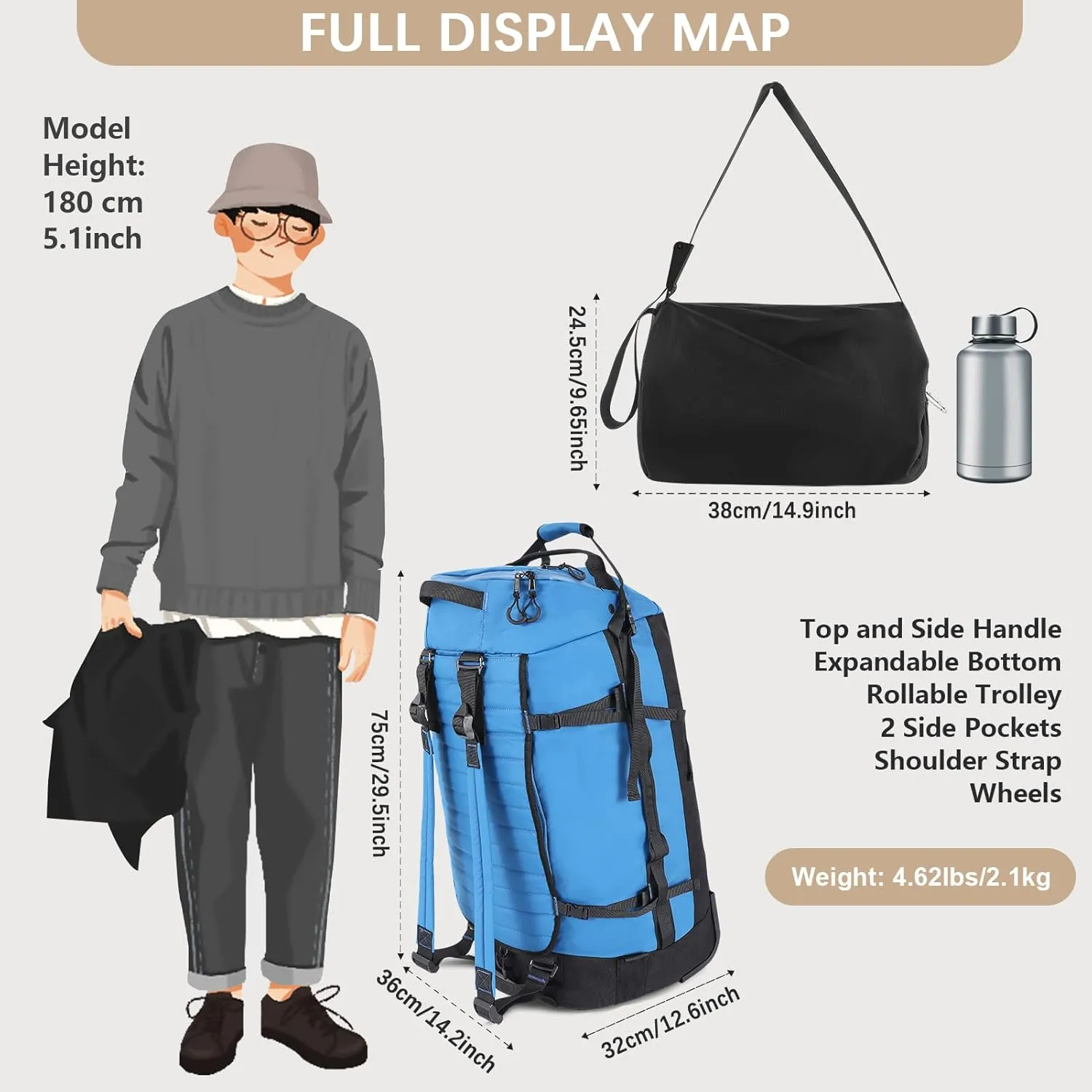 29" 86L Foldable Wheeled Duffle Bag, Waterproof Travel Rolling Backpack with Quilted Bottom, Blue