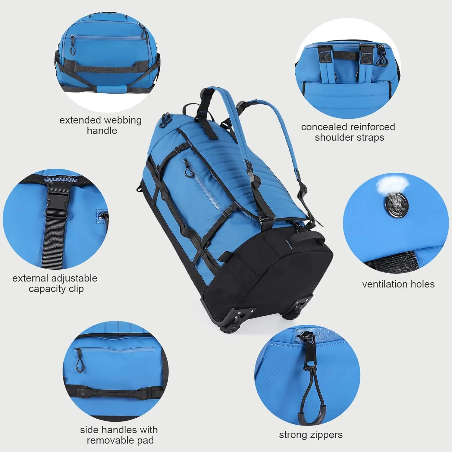 29" 86L Foldable Wheeled Duffle Bag, Waterproof Travel Rolling Backpack with Quilted Bottom, Blue