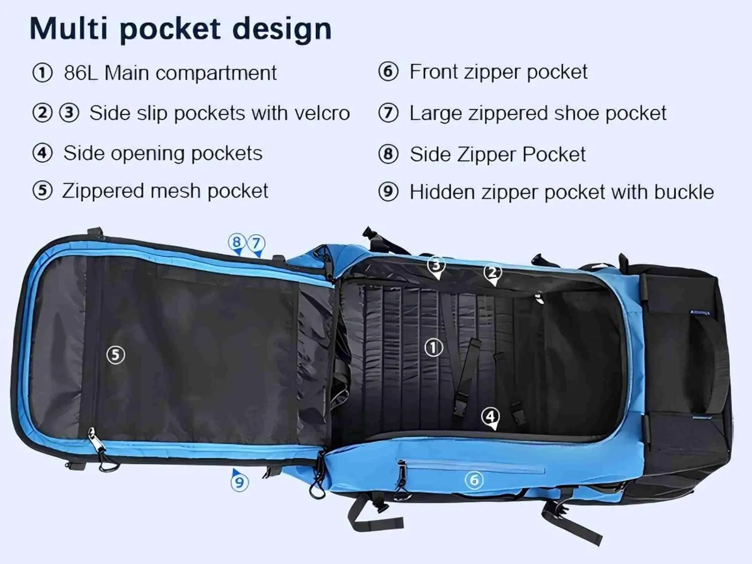 29" 86L Foldable Wheeled Duffle Bag, Waterproof Travel Rolling Backpack with Quilted Bottom, Blue