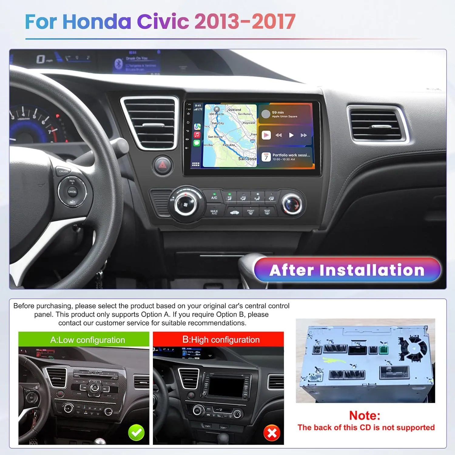 2GB 64GB for Honda Civic 2013-2017 Android 13 Car Stereo with Wireless Apple Carplay Android Auto, 9 inch Touchscreen for Honda Civic Car Radio Support GPS Navigation WiFi BT HiFi FM EQ