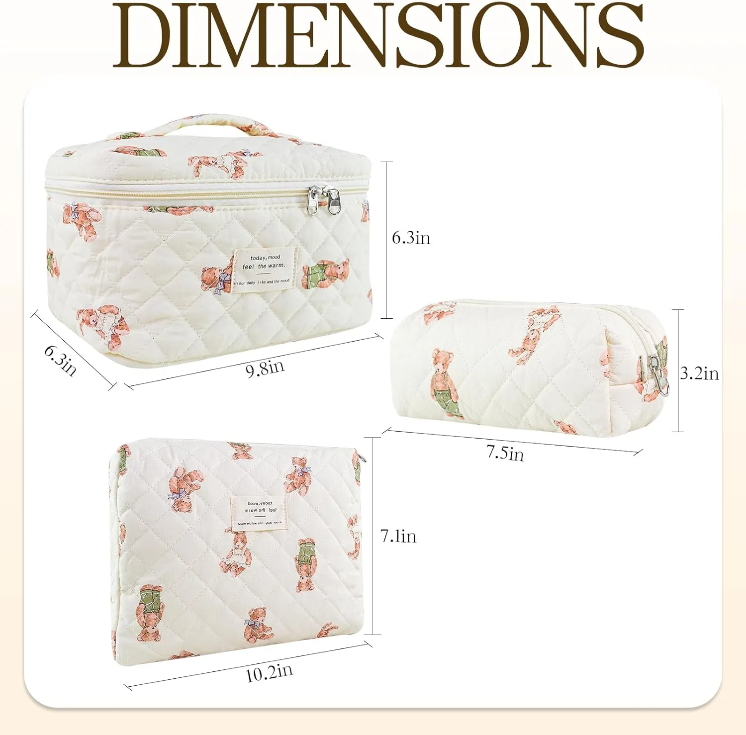 3Pcs Quilted Makeup Bag for Women, Large Travel Makeup Bag Set, Cute Aesthetic Cosmetic Bags, Floral Cotton Makeup Pouch Coquette Toiletry Organizer Bag
