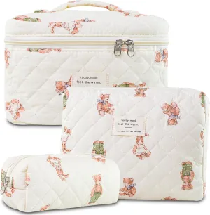 3Pcs Quilted Makeup Bag for Women, Large Travel Makeup Bag Set, Cute Aesthetic Cosmetic Bags, Floral Cotton Makeup Pouch Coquette Toiletry Organizer Bag