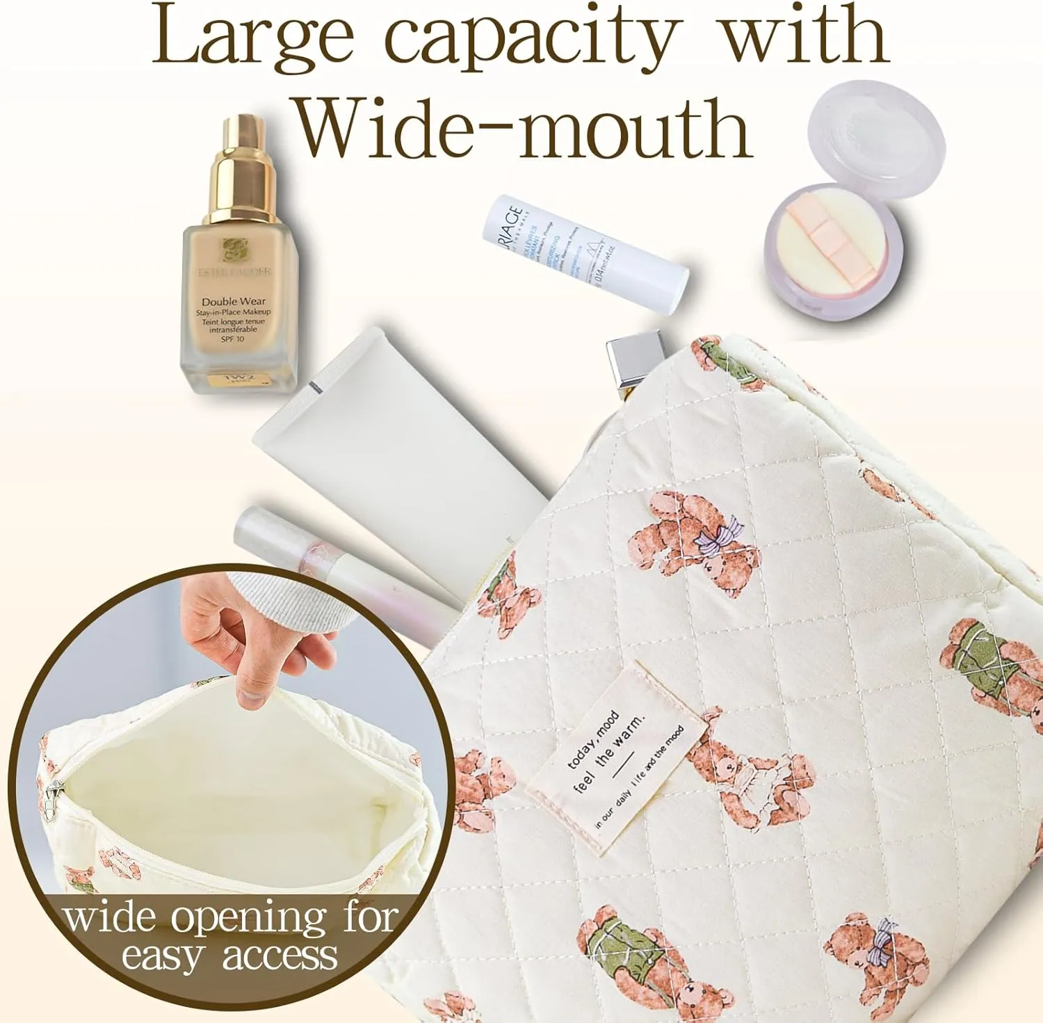 3Pcs Quilted Makeup Bag for Women, Large Travel Makeup Bag Set, Cute Aesthetic Cosmetic Bags, Floral Cotton Makeup Pouch Coquette Toiletry Organizer Bag
