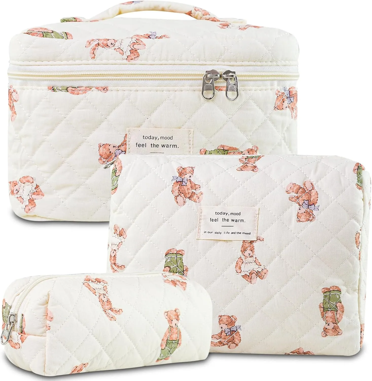 3Pcs Quilted Makeup Bag for Women, Large Travel Makeup Bag Set, Cute Aesthetic Cosmetic Bags, Floral Cotton Makeup Pouch Coquette Toiletry Organizer Bag