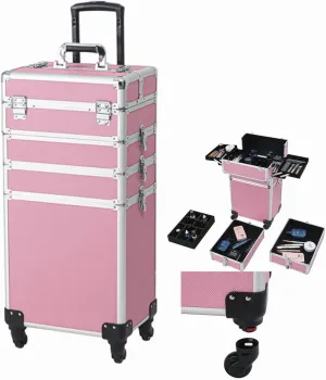 4-in-1 Makeup Rolling Train Case,Pull Rod Style Aluminum Rolling Makeup Case,Removable Layers,Professional Cosmetic Train Suitcase Portable Artist Trolley Cosmetic Organizer with 4 Wheels and Locks