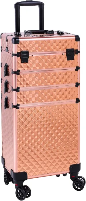 4-in-1 Rose Gold Makeup Train Case, Draw-bar Style Interchangeable Aluminum Rolling Makeup Case- (13.78 x 9.84 x 29.53)" (L x W x H)