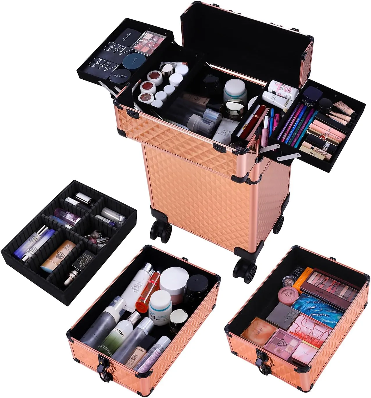 4-in-1 Rose Gold Makeup Train Case, Draw-bar Style Interchangeable Aluminum Rolling Makeup Case- (13.78 x 9.84 x 29.53)" (L x W x H)