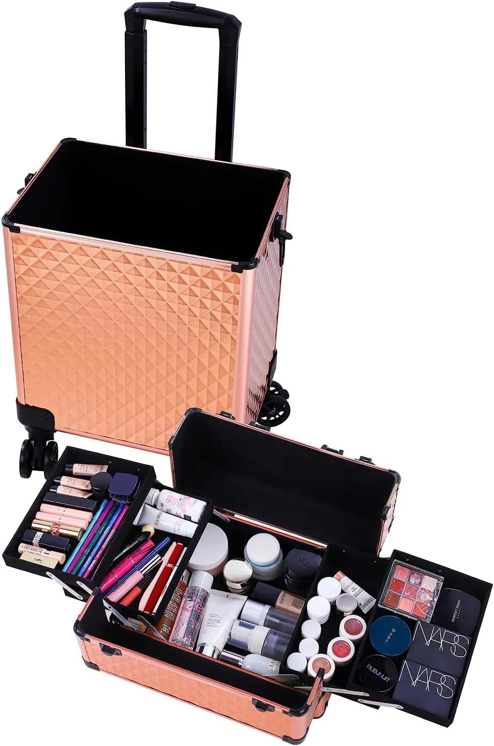 4-in-1 Rose Gold Makeup Train Case, Draw-bar Style Interchangeable Aluminum Rolling Makeup Case- (13.78 x 9.84 x 29.53)" (L x W x H)
