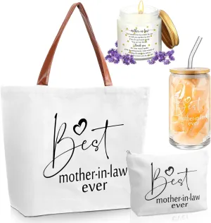 4 Pcs Mother in Law Gifts Mother's Day Gifts Include 16 oz Glass Cup with Lid and Straw Tote Bag Makeup Bag 3.5 oz Scented Candles Mom Birthday Presents from Daughter Son(White)