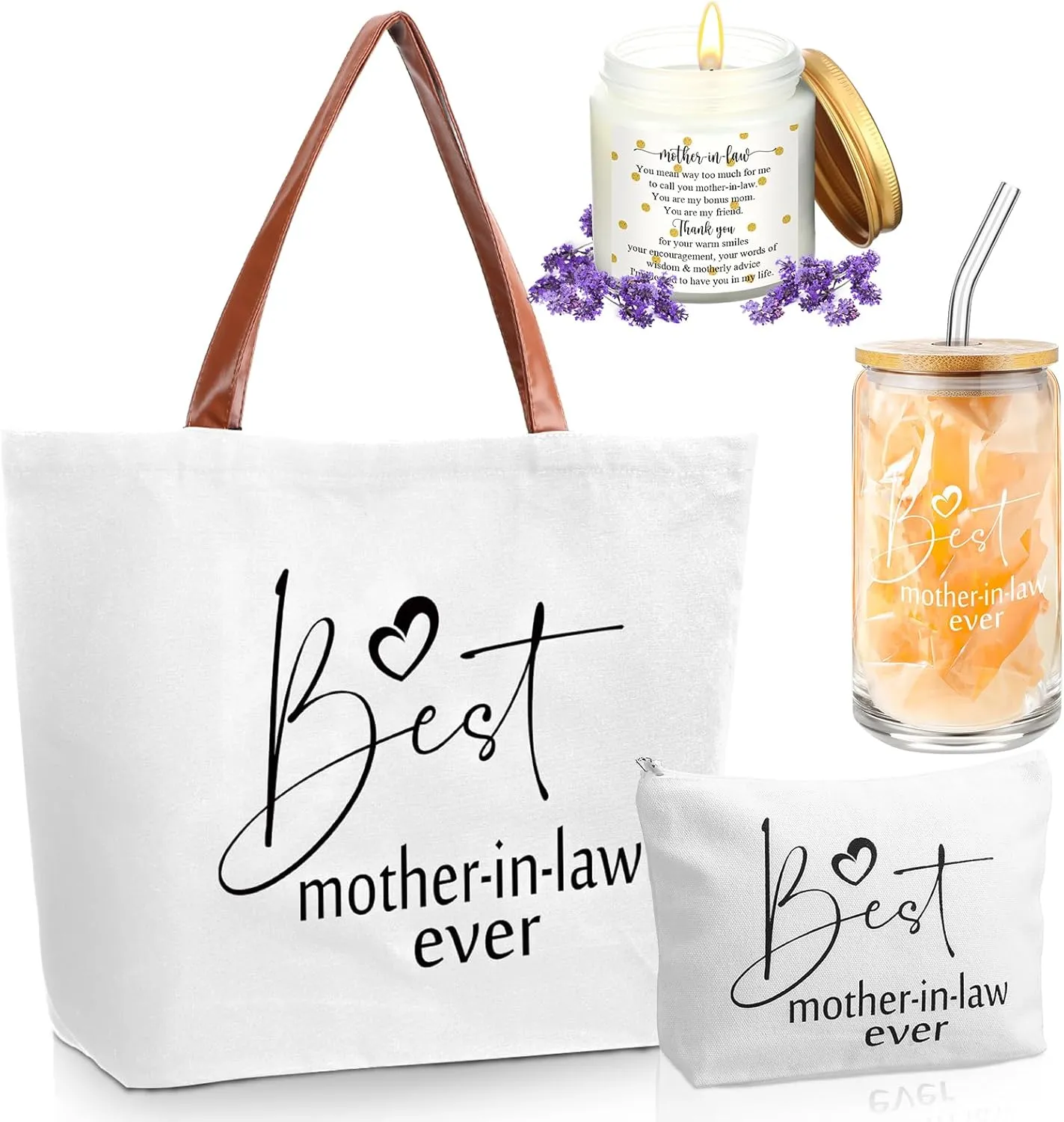 4 Pcs Mother in Law Gifts Mother's Day Gifts Include 16 oz Glass Cup with Lid and Straw Tote Bag Makeup Bag 3.5 oz Scented Candles Mom Birthday Presents from Daughter Son(White)