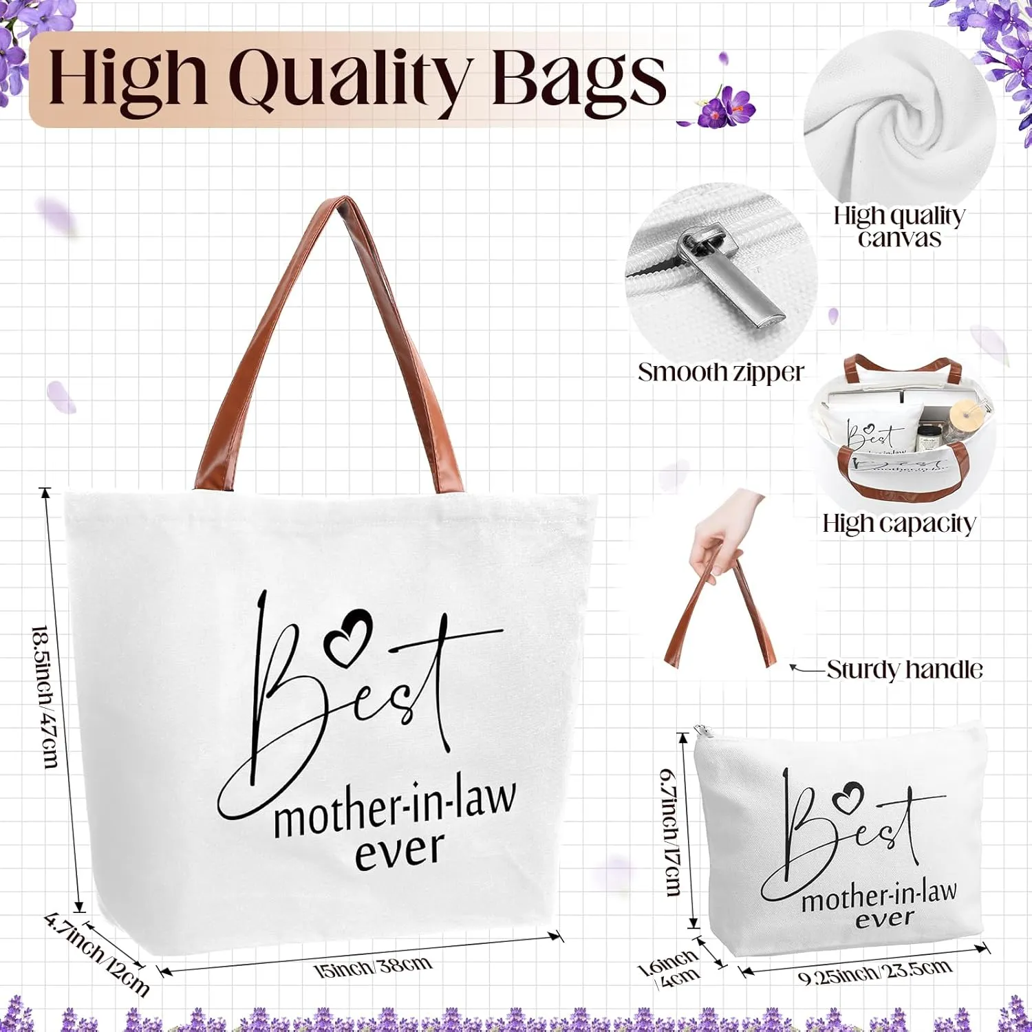 4 Pcs Mother in Law Gifts Mother's Day Gifts Include 16 oz Glass Cup with Lid and Straw Tote Bag Makeup Bag 3.5 oz Scented Candles Mom Birthday Presents from Daughter Son(White)