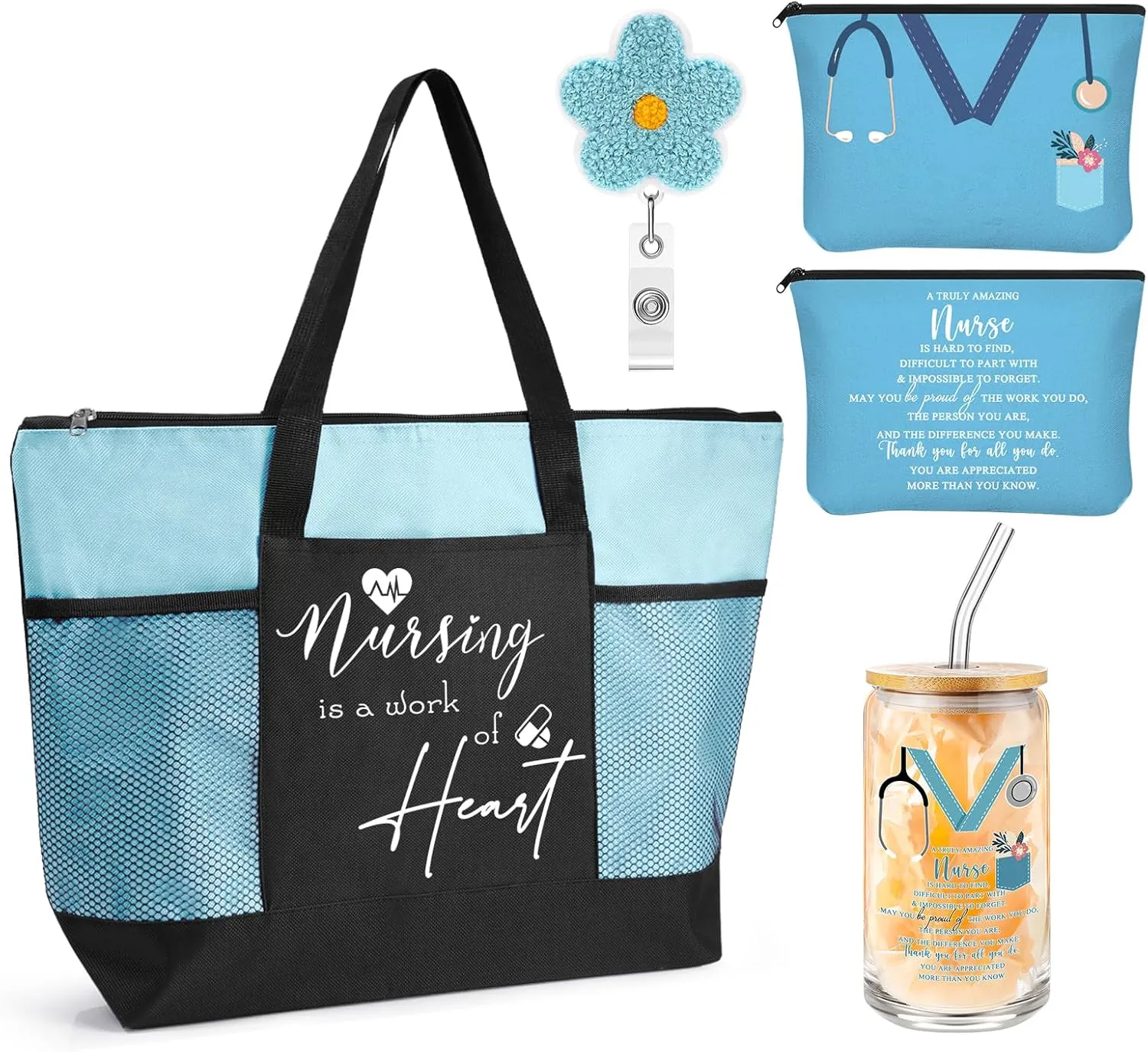 4 Pcs Nurse Tote Bags Rn 16oz Glasse with Bamboo Lids Makeup Bag Badge Reel Appreciation Gift for Nurse