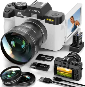 4K 48MP Digital Camera with Autofocus & Anti-Shake - Vlogging Camera for YouTube with 3" 180° Flip Screen, 16X Zoom, SD Card & 2 Batteries - Compact Travel Camera for Teens (White)
