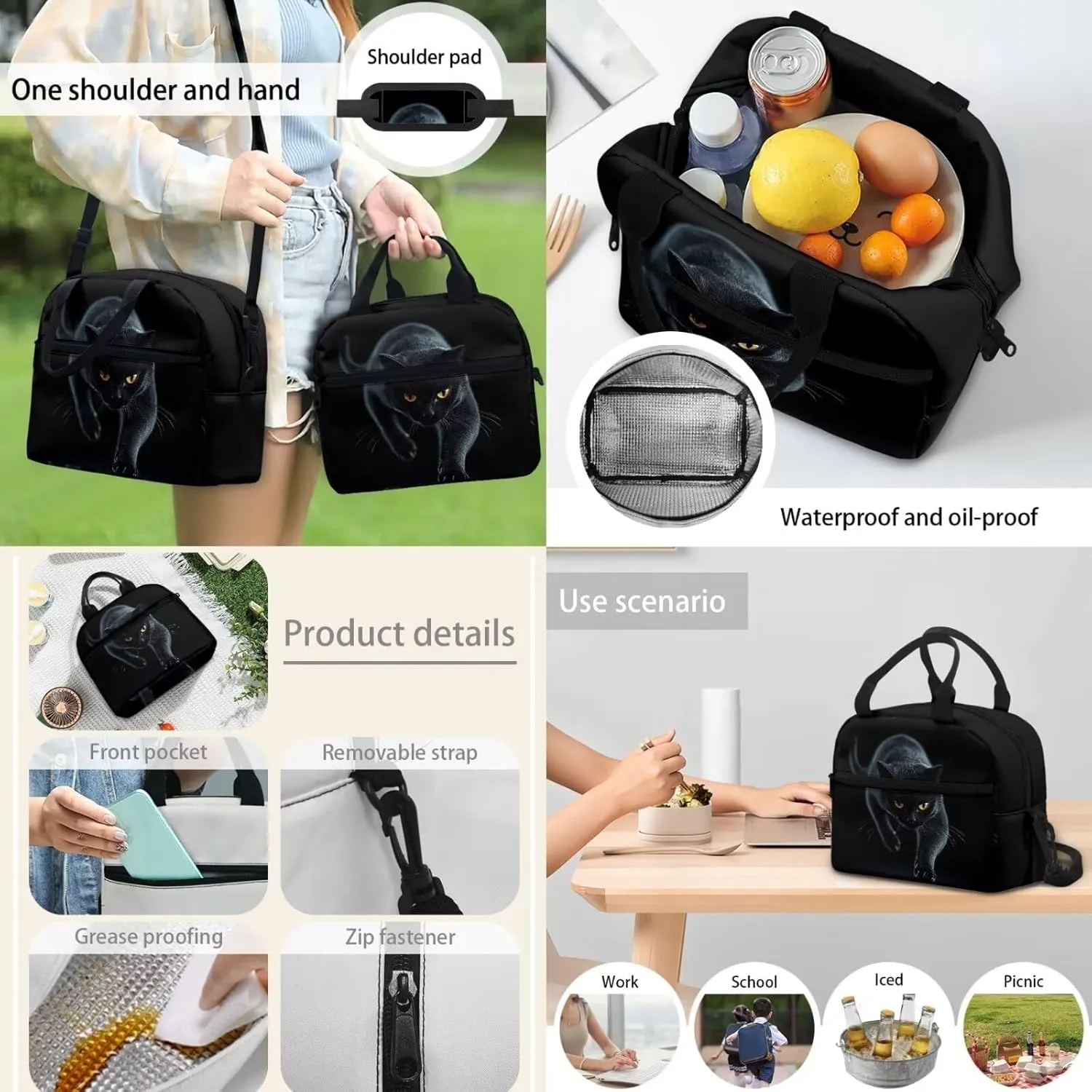 4Pcs Black Cat Print Travel Backpacks for Men Women Adults School Bag Large Capacity Bookbag Schoolbag Tote Lunch Bags Pencil Bag for Purse Fountain Pens Work Camping Diaper Bag Daypack