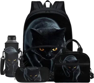 4Pcs Black Cat Print Travel Backpacks for Men Women Adults School Bag Large Capacity Bookbag Schoolbag Tote Lunch Bags Pencil Bag for Purse Fountain Pens Work Camping Diaper Bag Daypack