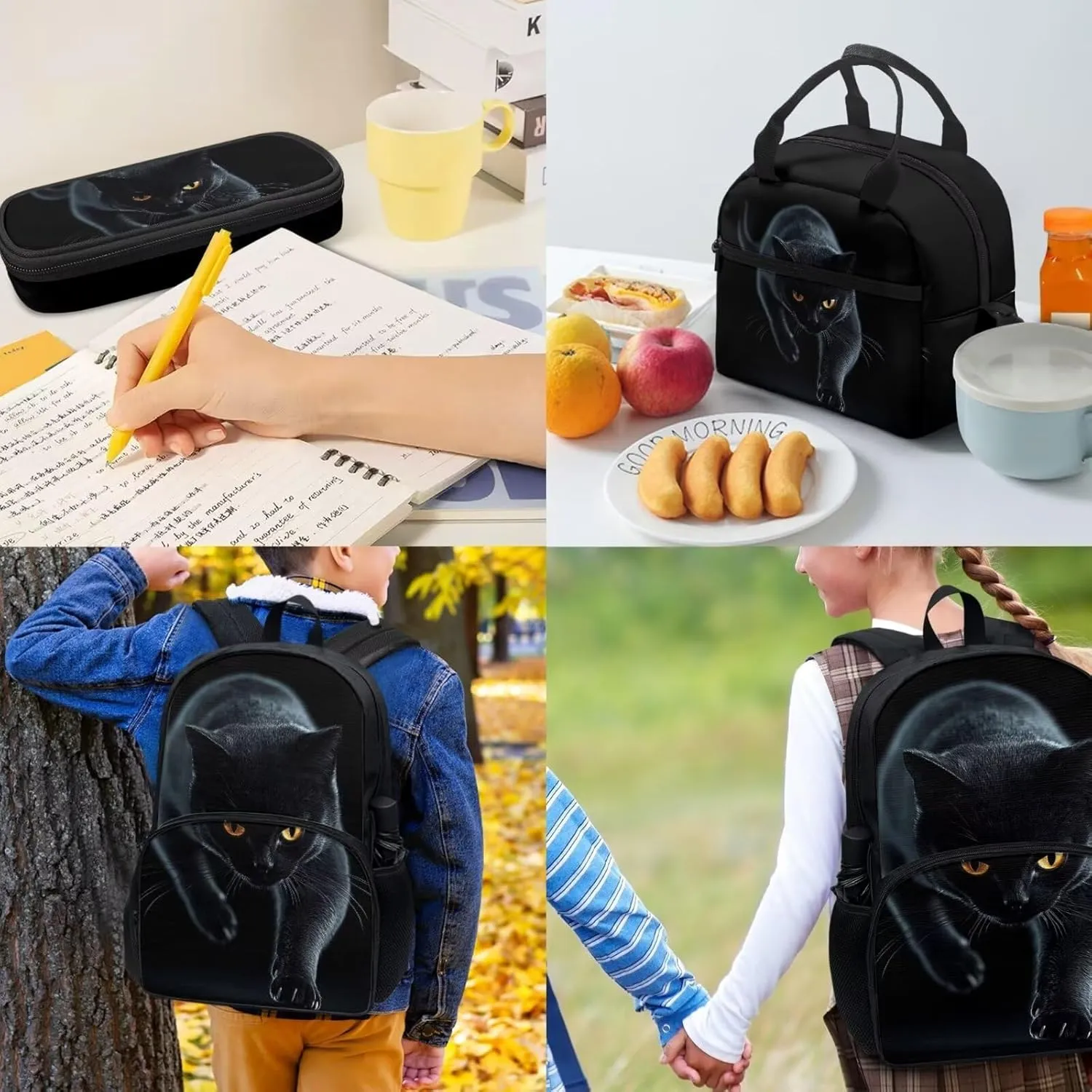 4Pcs Black Cat Print Travel Backpacks for Men Women Adults School Bag Large Capacity Bookbag Schoolbag Tote Lunch Bags Pencil Bag for Purse Fountain Pens Work Camping Diaper Bag Daypack