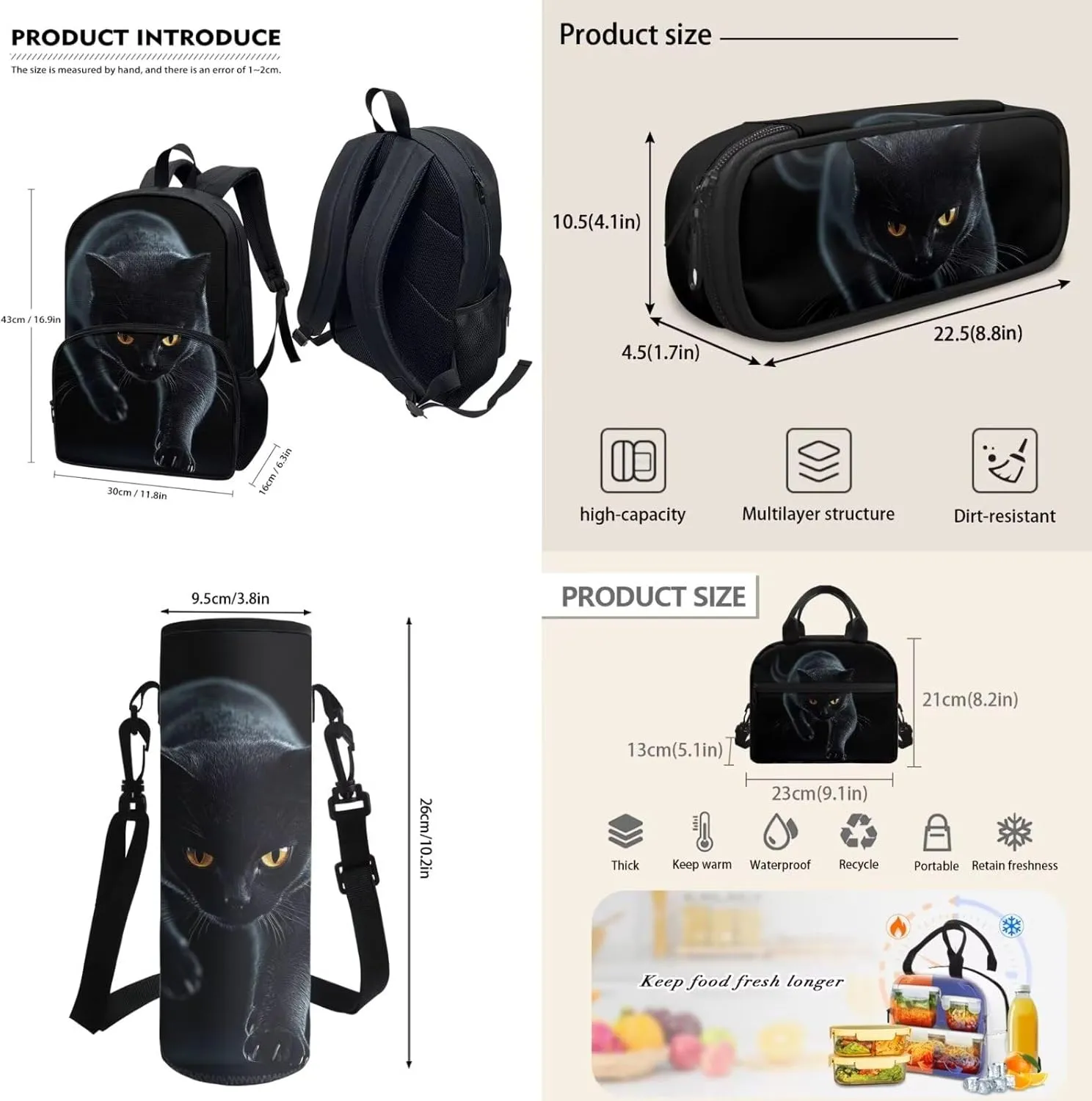 4Pcs Black Cat Print Travel Backpacks for Men Women Adults School Bag Large Capacity Bookbag Schoolbag Tote Lunch Bags Pencil Bag for Purse Fountain Pens Work Camping Diaper Bag Daypack