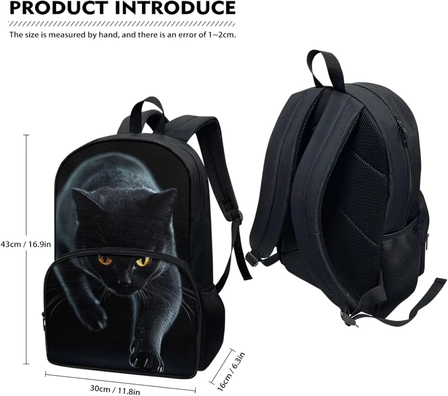 4Pcs Black Cat Print Travel Backpacks for Men Women Adults School Bag Large Capacity Bookbag Schoolbag Tote Lunch Bags Pencil Bag for Purse Fountain Pens Work Camping Diaper Bag Daypack