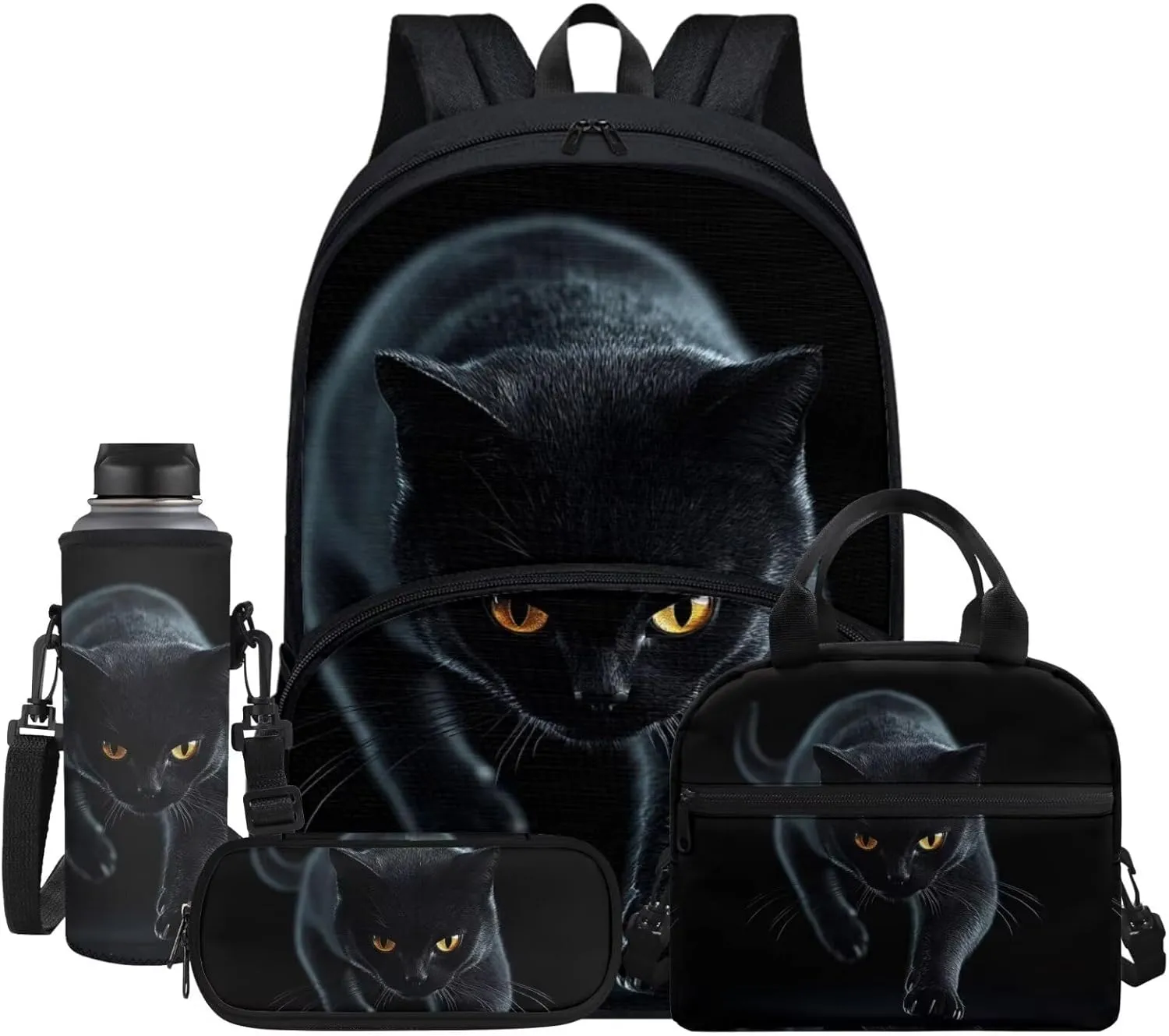 4Pcs Black Cat Print Travel Backpacks for Men Women Adults School Bag Large Capacity Bookbag Schoolbag Tote Lunch Bags Pencil Bag for Purse Fountain Pens Work Camping Diaper Bag Daypack