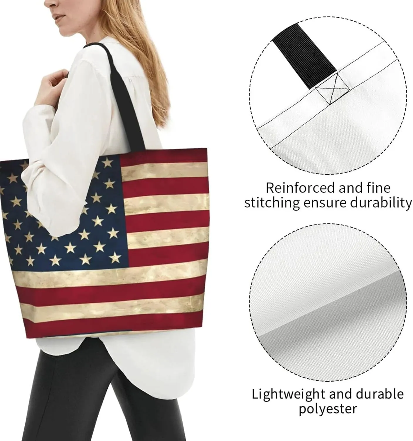 4th of July Tote Bag Women large American flag bag Interior Pocket Reusable Independence day Travel tote bags