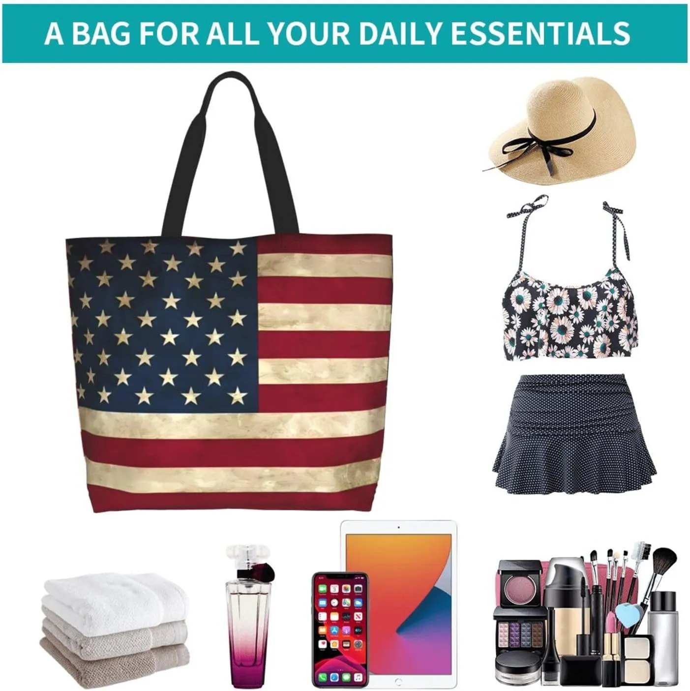 4th of July Tote Bag Women large American flag bag Interior Pocket Reusable Independence day Travel tote bags