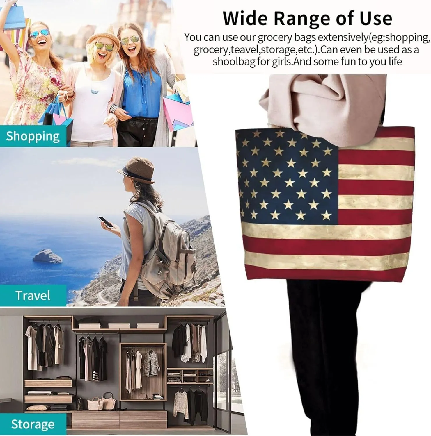 4th of July Tote Bag Women large American flag bag Interior Pocket Reusable Independence day Travel tote bags