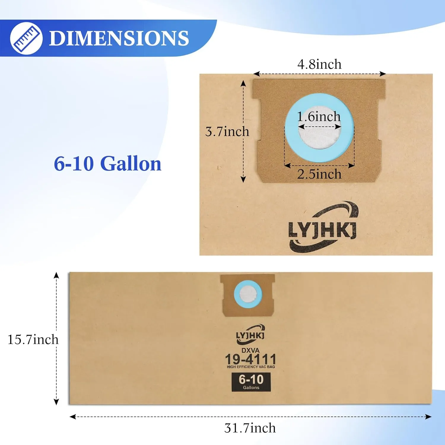 5 Pack DXVA19-4111 Vacuum Bags for DEWALT 6 to 10 Gallon Wet/Dry Vacuum, Disposable Shop Vac Bags, Dust Collection Bag Replacement