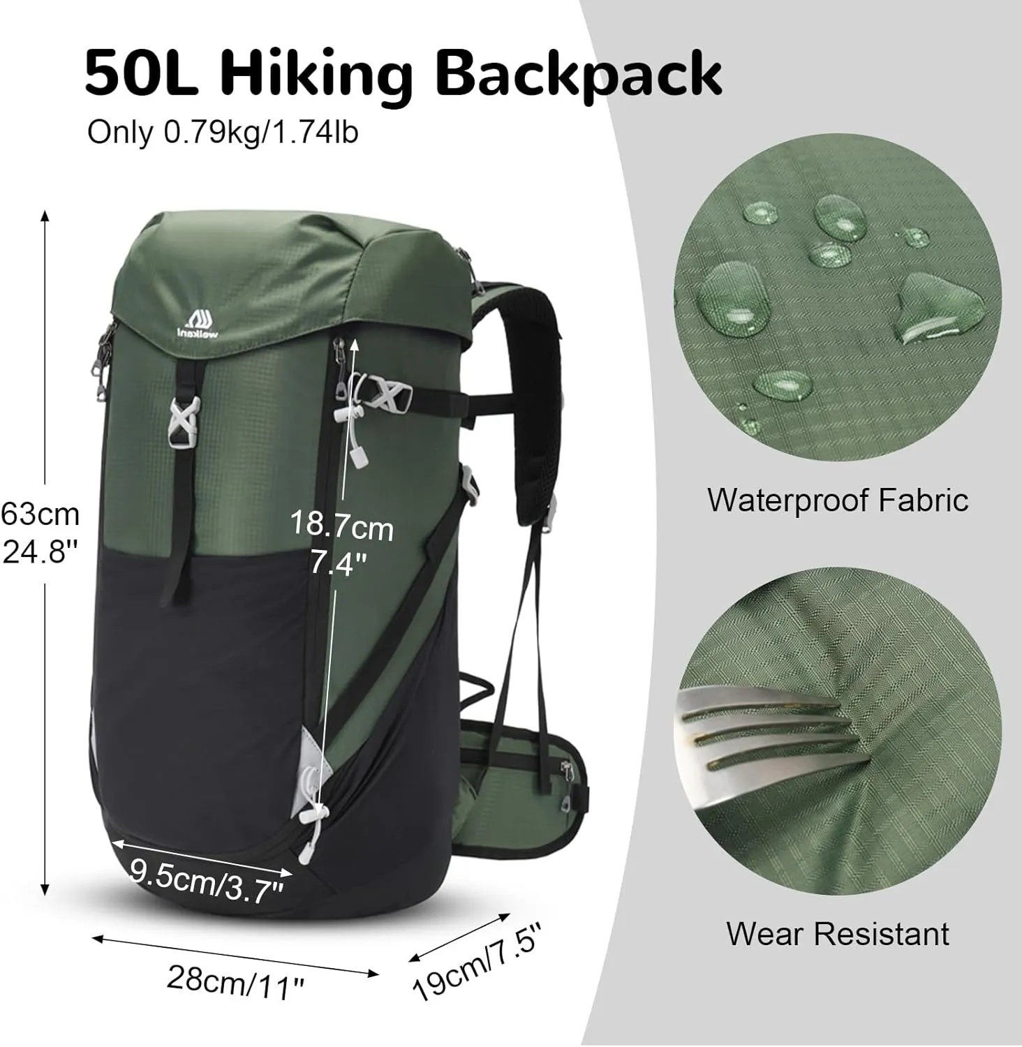 50L Backpacking Packs with Front Open, Waterproof Hiking Backpack for Men Women, Large Camping Backpack Lightweight, Green